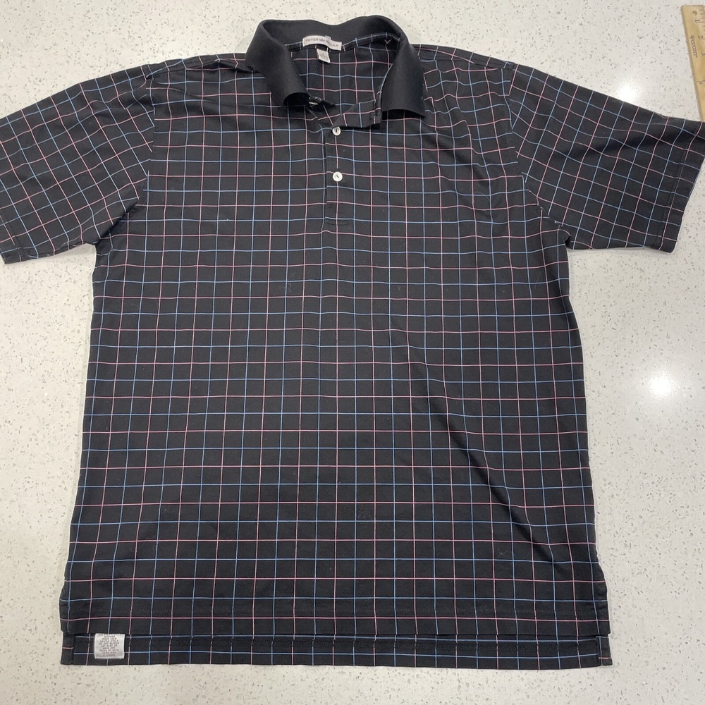 Peter Millar Polo Golf Shirt Mens Large Black Multicolor Patterned Golf Logo